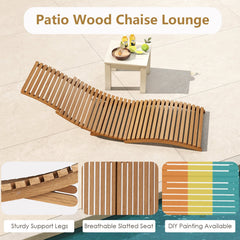 Set of 2 Teak Wood Folding Chaise Lounges with Contoured Slatted Seats