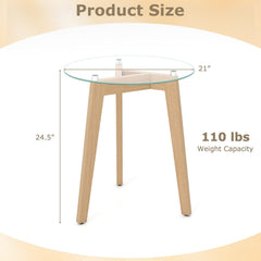 Tempered Glass End Table Round with Solid Rubber Wood Structure-Set of 2