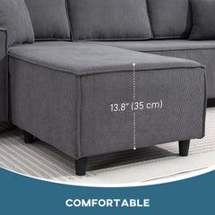 Corner Sofa with Changeable Chaise, Corduroy L-Shaped Sectional Sofa with Pocket Spring, 2 Pillows, Charcoal Grey