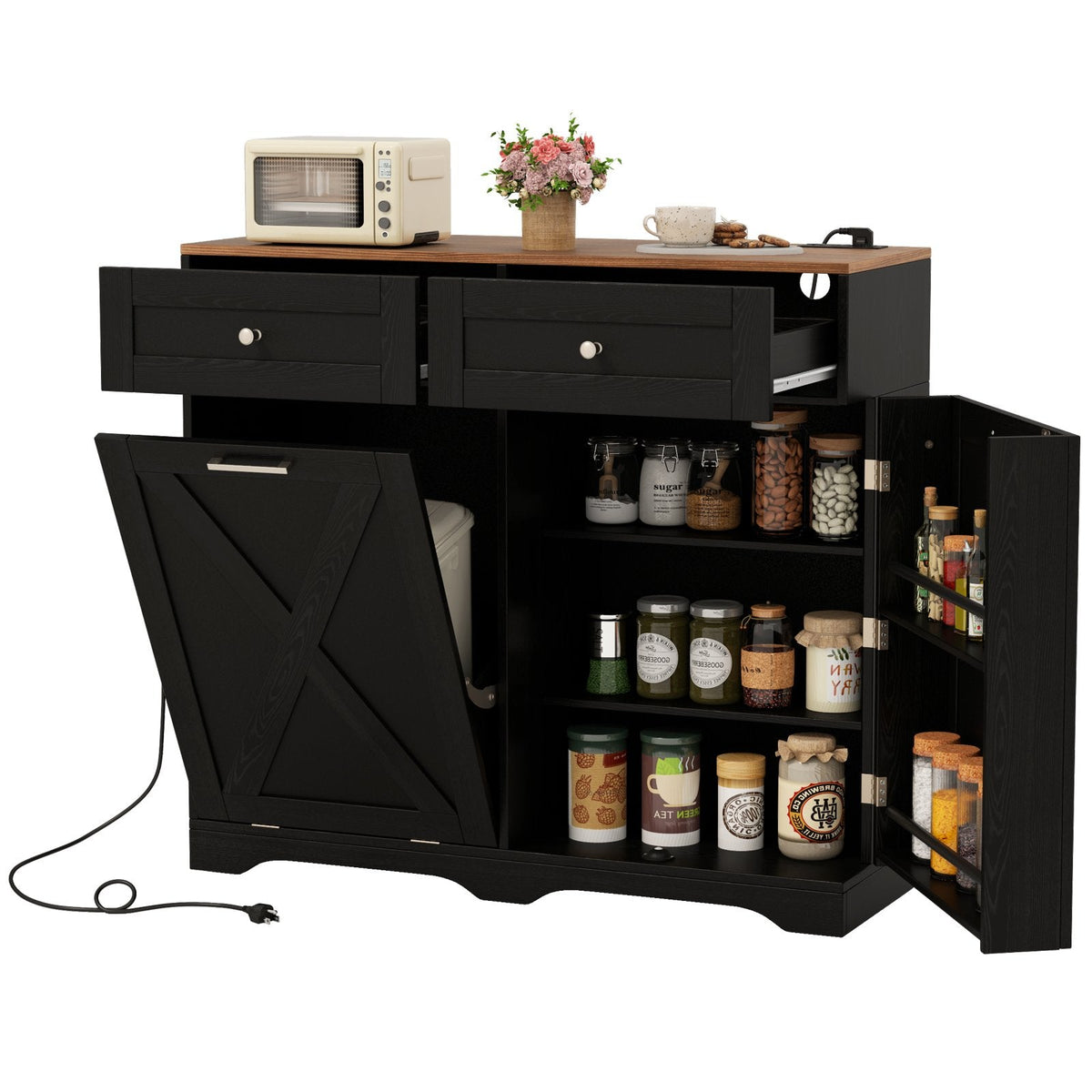 Tilt Out Trash Can Cabinet with Outlets and Adjustable Shelf-Black