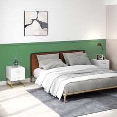 2 Pieces Nightstands with Storage, Modern Bedside Tables with 2 Fluted Drawers and Gold Legs for Bedroom, Black