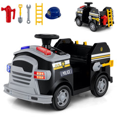 12V Toddler Ride On Rescue Truck with Shovel, Wrench, Ladder, Extinguisher and Safety Hat, 55 lb, Black Police Livery