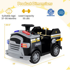 12V Toddler Ride On Rescue Truck with Shovel, Wrench, Ladder, Extinguisher and Safety Hat, 55 lb, Black Police Livery