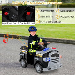 12V Toddler Ride On Rescue Truck with Shovel, Wrench, Ladder, Extinguisher and Safety Hat, 55 lb, Black Police Livery