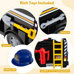 12V Toddler Ride On Rescue Truck with Shovel, Wrench, Ladder, Extinguisher and Safety Hat, 55 lb, Black Police Livery