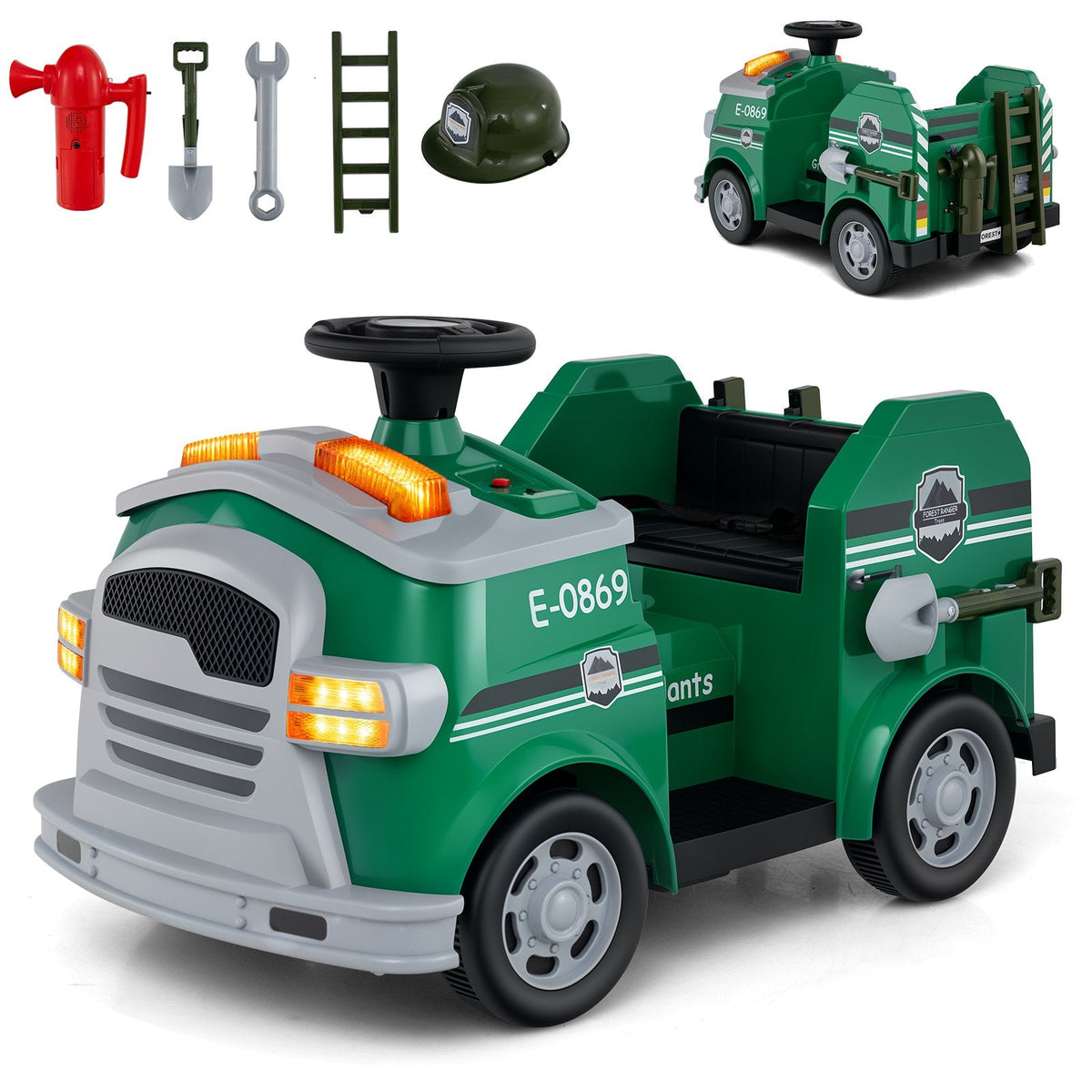 12V Toddler Ride On Rescue Truck with Two 30W Motors, Toy Tools and Safety Hat, 55 lb, Army Green
