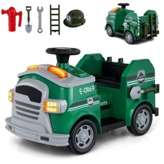 12V Toddler Ride On Rescue Truck with Two 30W Motors, Toy Tools and Safety Hat, 55 lb, Army Green