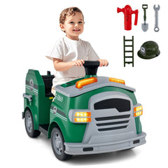 12V Toddler Ride On Rescue Truck with Two 30W Motors, Toy Tools and Safety Hat, 55 lb, Army Green