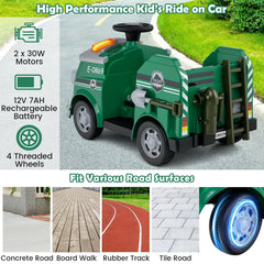 12V Toddler Ride On Rescue Truck with Two 30W Motors, Toy Tools and Safety Hat, 55 lb, Army Green