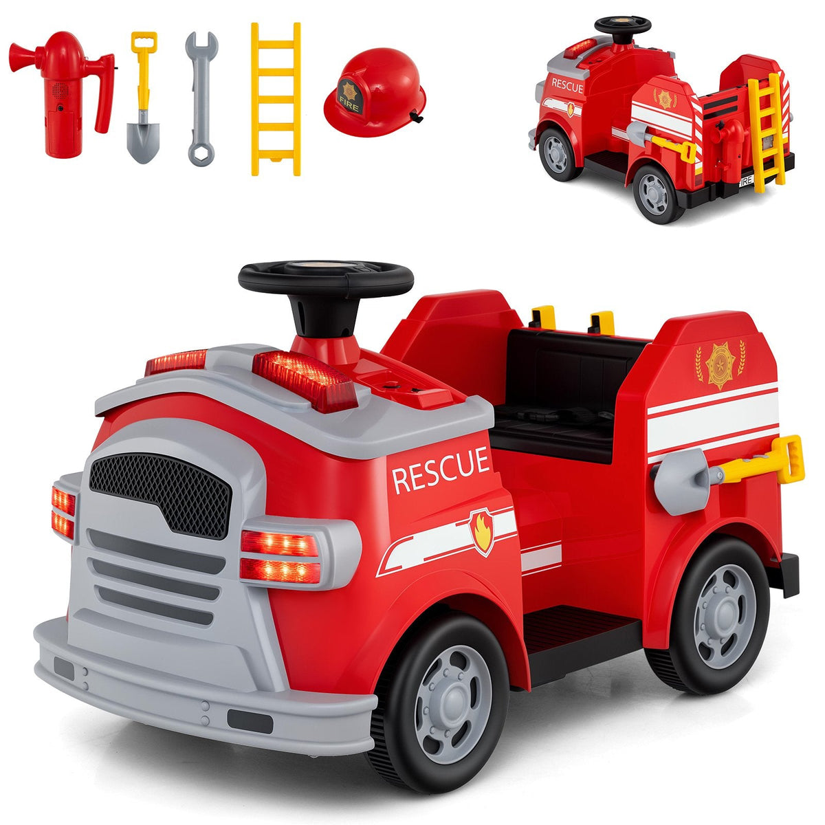 12V Toddler Ride On Fire Truck with Ladder, Extinguisher, Shovel, Wrench and Safety Hat, 55 lb, Red