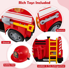 12V Toddler Ride On Fire Truck with Ladder, Extinguisher, Shovel, Wrench and Safety Hat, 55 lb, Red