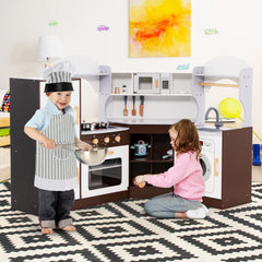 Espresso Corner Play Kitchen with Washing Machine, Ice Maker and Chef Suit for Kids