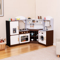 Espresso Corner Play Kitchen with Washing Machine, Ice Maker and Chef Suit for Kids