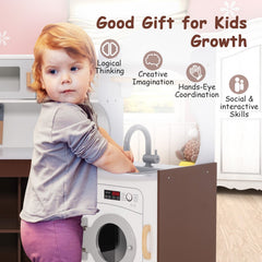 Espresso Corner Play Kitchen with Washing Machine, Ice Maker and Chef Suit for Kids
