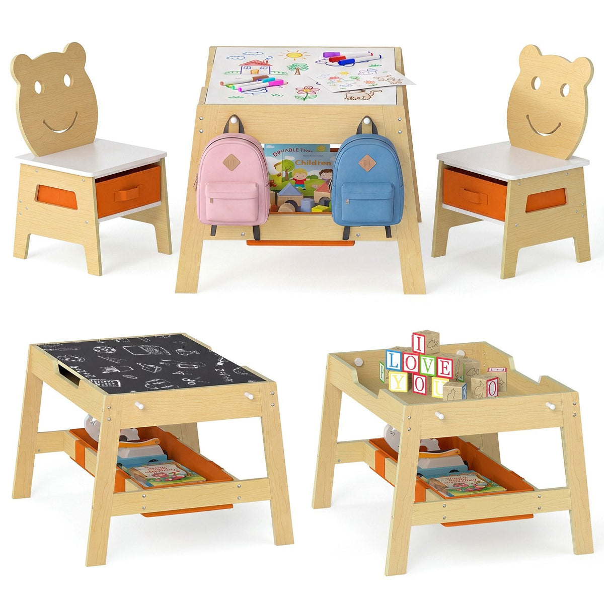 Toddler Table and 2 Chairs 5-in-1 Cute Art Desk Set with Reversible Chalkboard Whiteboard-Natural
