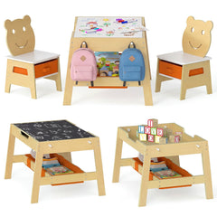 Toddler Table and 2 Chairs 5-in-1 Cute Art Desk Set with Reversible Chalkboard Whiteboard-Natural