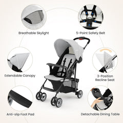 Toddler Travel Stroller for Airplane with Canopy and Adjustable Backrest-Gray