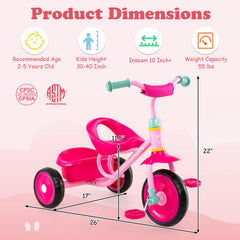 Toddler Tricycle for Boys and Girls 2-5 Years Old, with Removable Rear Storage Basket-Pink