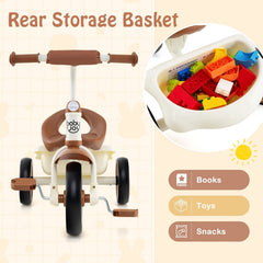 Toddler Tricycle Kids Trike with Adjustable Seat and Basket Aged 3-5 Years Old-Beige