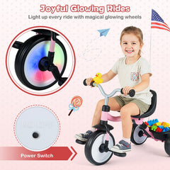 Toddler Tricycle with 3-Position Seat and Storage Basket for Kids-Pink