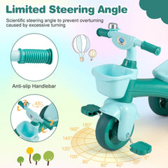 Toddler Tricycle with Limited Steering with Front Baskets and Bell-Green