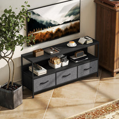 TV Stand with Charging Station, TV Table with 2 Foldable Linen Drawers and Open Shelf for 47 Inch Television, Black