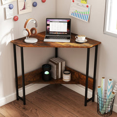 Triangle Computer Corner Desk with Charging Station-Rustic Brown