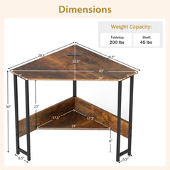 Triangle Computer Corner Desk with Charging Station-Rustic Brown