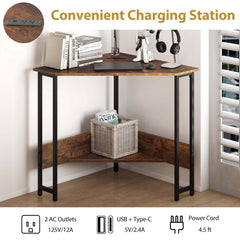 Triangle Computer Corner Desk with Charging Station-Rustic Brown