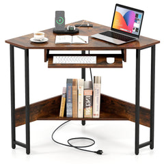 Triangle Corner Desk with Charging Station Keyboard Tray and Storage Shelf-Rustic Brown