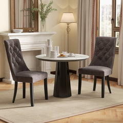 Set of 2 Tufted High Back Dining Chairs, Grey Velvet with Rubber Wood Legs