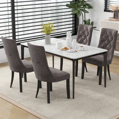 Set of 2 Tufted High Back Dining Chairs, Grey Velvet with Rubber Wood Legs