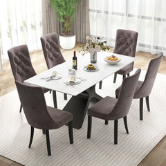 Set of 2 Tufted High Back Dining Chairs, Grey Velvet with Rubber Wood Legs