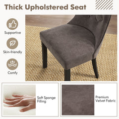 Set of 2 Tufted High Back Dining Chairs, Grey Velvet with Rubber Wood Legs