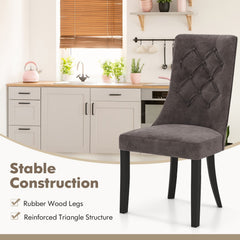 Set of 2 Tufted High Back Dining Chairs, Grey Velvet with Rubber Wood Legs