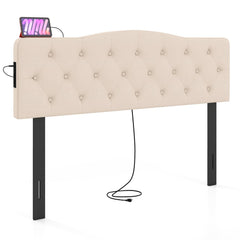 Tufted Upholstered Head Board for Queen and Full Size Bed with 2 AC Outlets-Beige