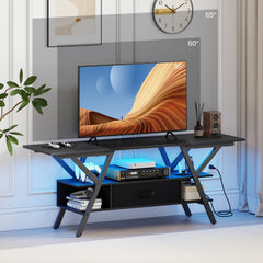 TV Stand for 65 Inch TVs with Power Outlets and LED Lights-Black