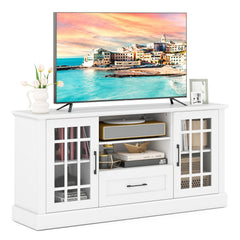 TV Stand for TVs up to 70, with Glass Doors Cubbies and Drawer-White
