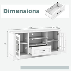 TV Stand for TVs up to 70, with Glass Doors Cubbies and Drawer-White