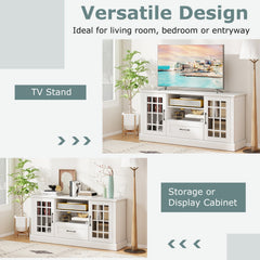 TV Stand for TVs up to 70, with Glass Doors Cubbies and Drawer-White