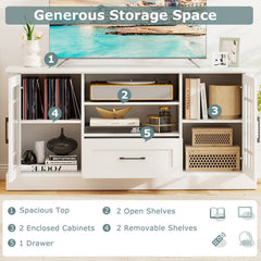 TV Stand for TVs up to 70, with Glass Doors Cubbies and Drawer-White
