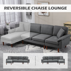 L-Shape Sofa, Modern Sectional Couch with Changeable Chaise Lounge, Pillows and Wooden Legs for Living Room, Dark Grey