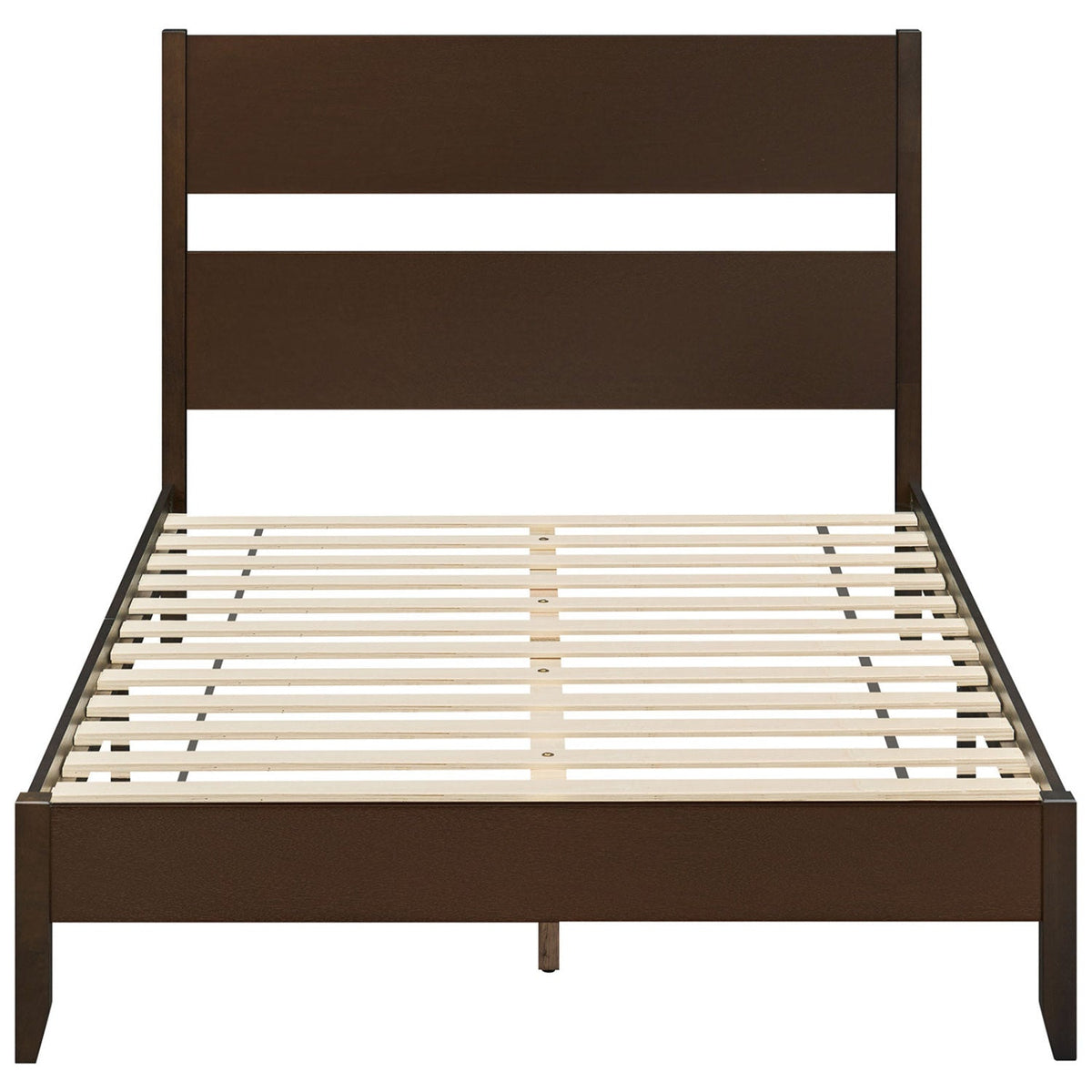 Full Bed Frame with Headboad and Solid Wood Legs 12 Slats-Dark Walnut