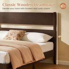 Full Bed Frame with Headboad and Solid Wood Legs 12 Slats-Dark Walnut