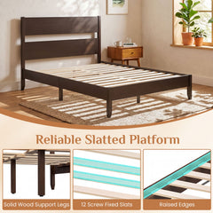 Full Bed Frame with Headboad and Solid Wood Legs 12 Slats-Dark Walnut