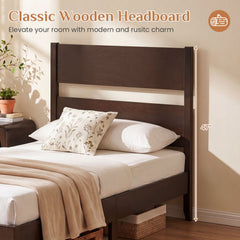 Twin Bed Frame with Headboard with Solid Wood Legs 12 Slats-Rustic Brown-Dark Walnut
