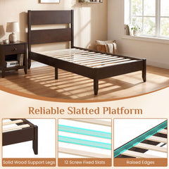 Twin Bed Frame with Headboard with Solid Wood Legs 12 Slats-Rustic Brown-Dark Walnut