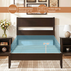 Twin Bed Frame with Headboard with Solid Wood Legs 12 Slats-Rustic Brown-Dark Walnut
