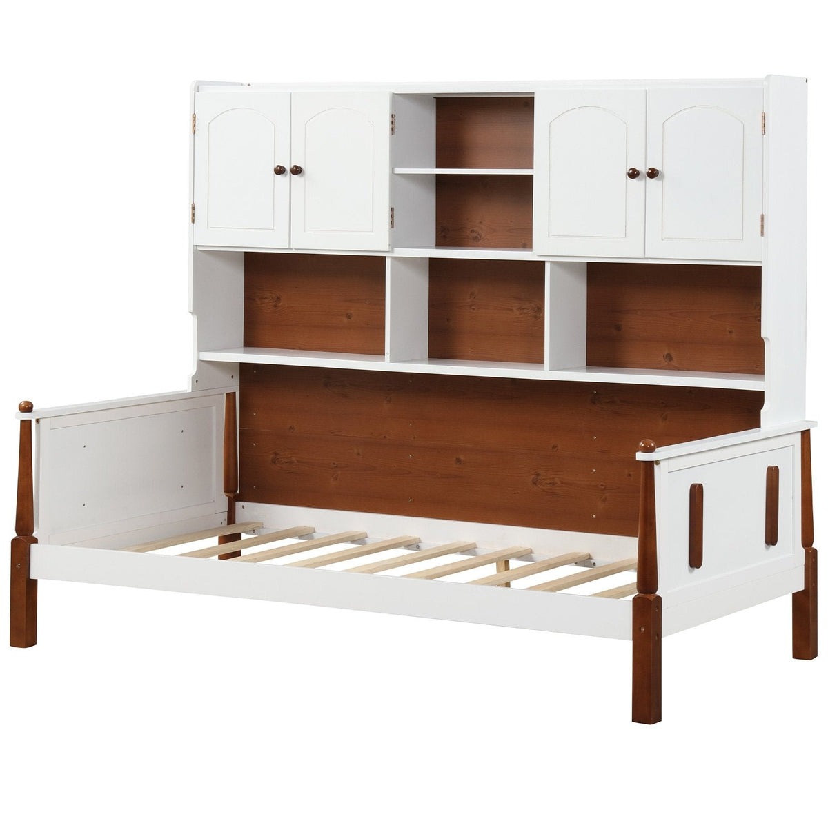 Twin Bed with Integrated Bookcase, 2 Cabinets and 5 Open Shelves, White