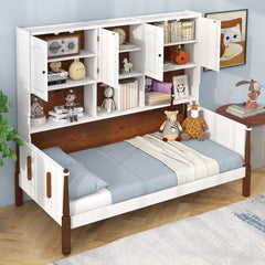 Twin Bed with Integrated Bookcase, 2 Cabinets and 5 Open Shelves, White